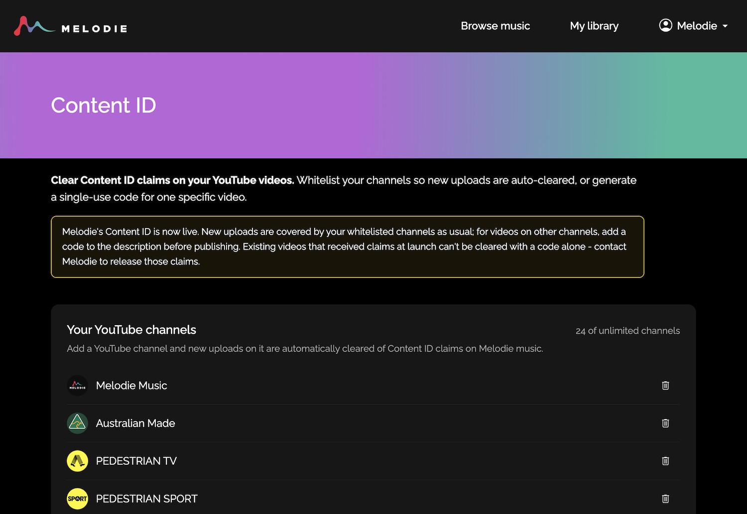 Melodie Content ID page for Enterprise