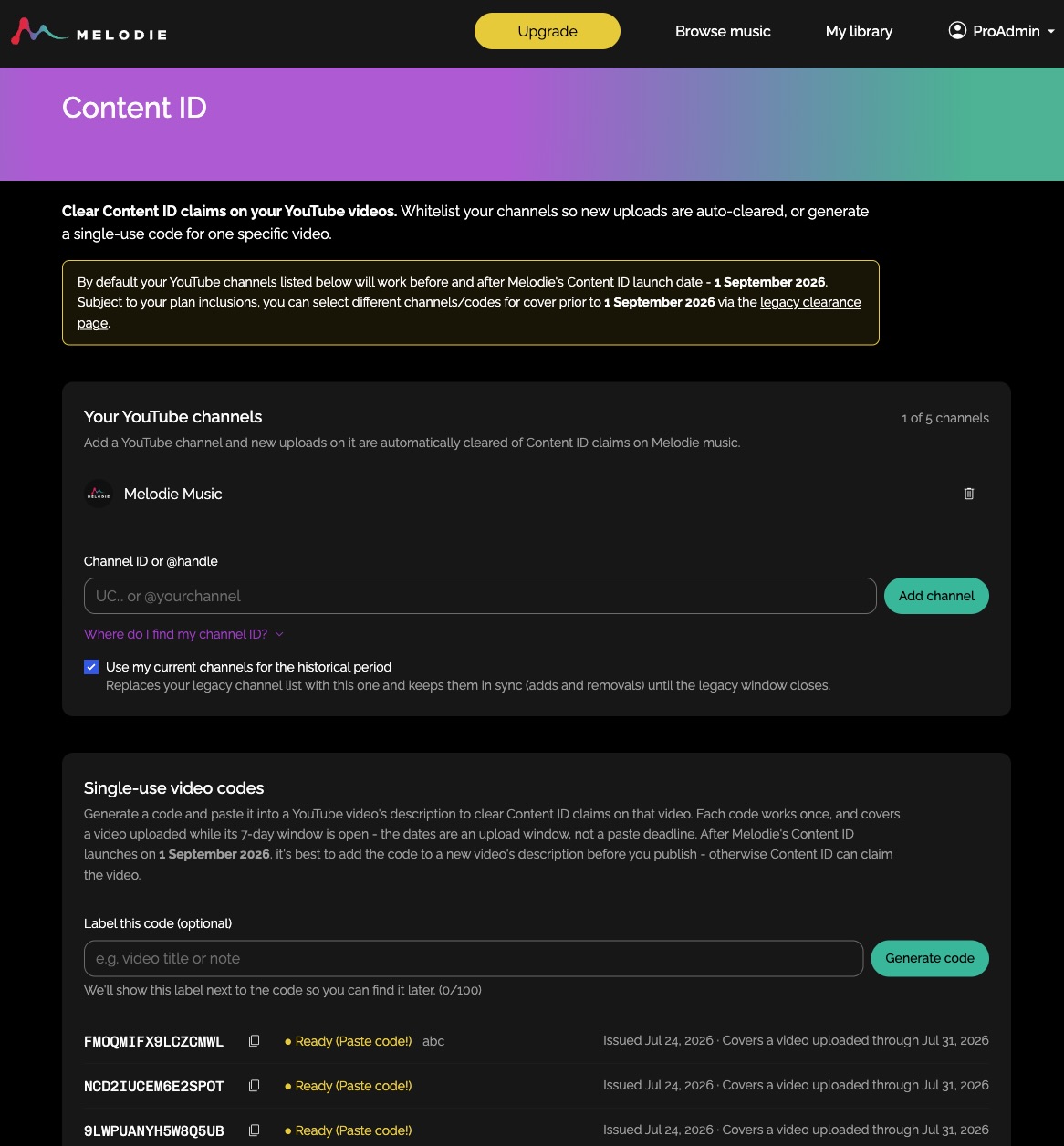 Melodie Content ID - whitelist channels and clearance codes