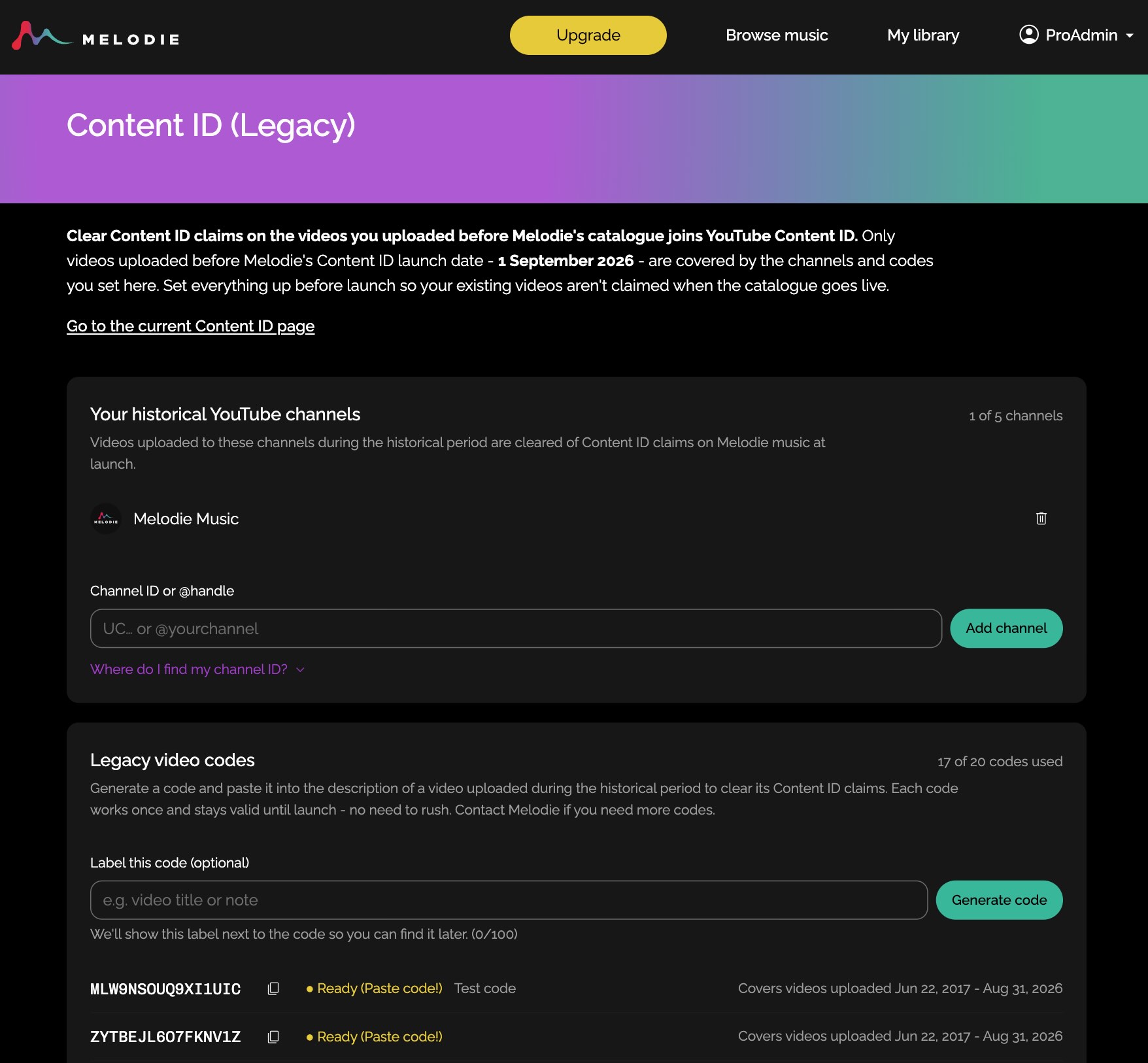 Melodie Legacy Content ID page