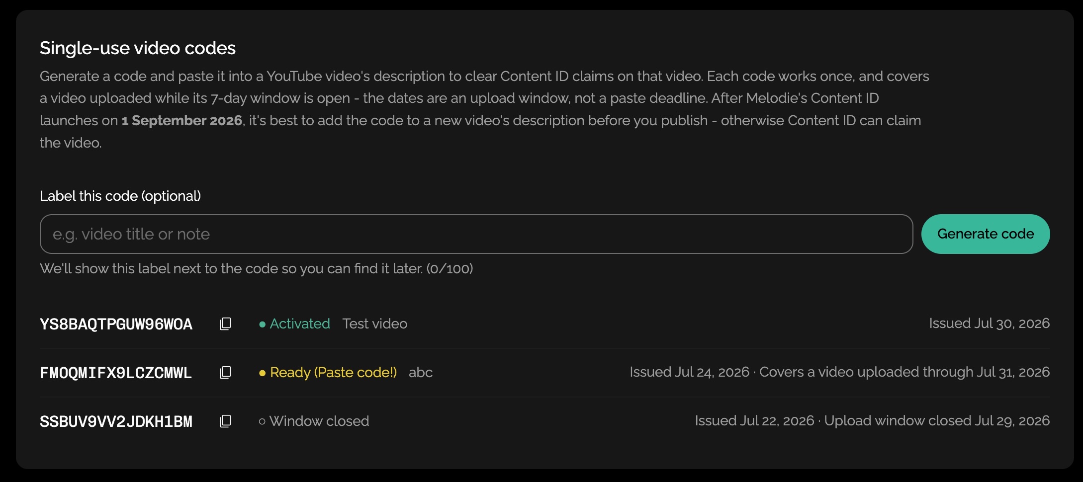 Melodie Content ID Single-Use Code Status