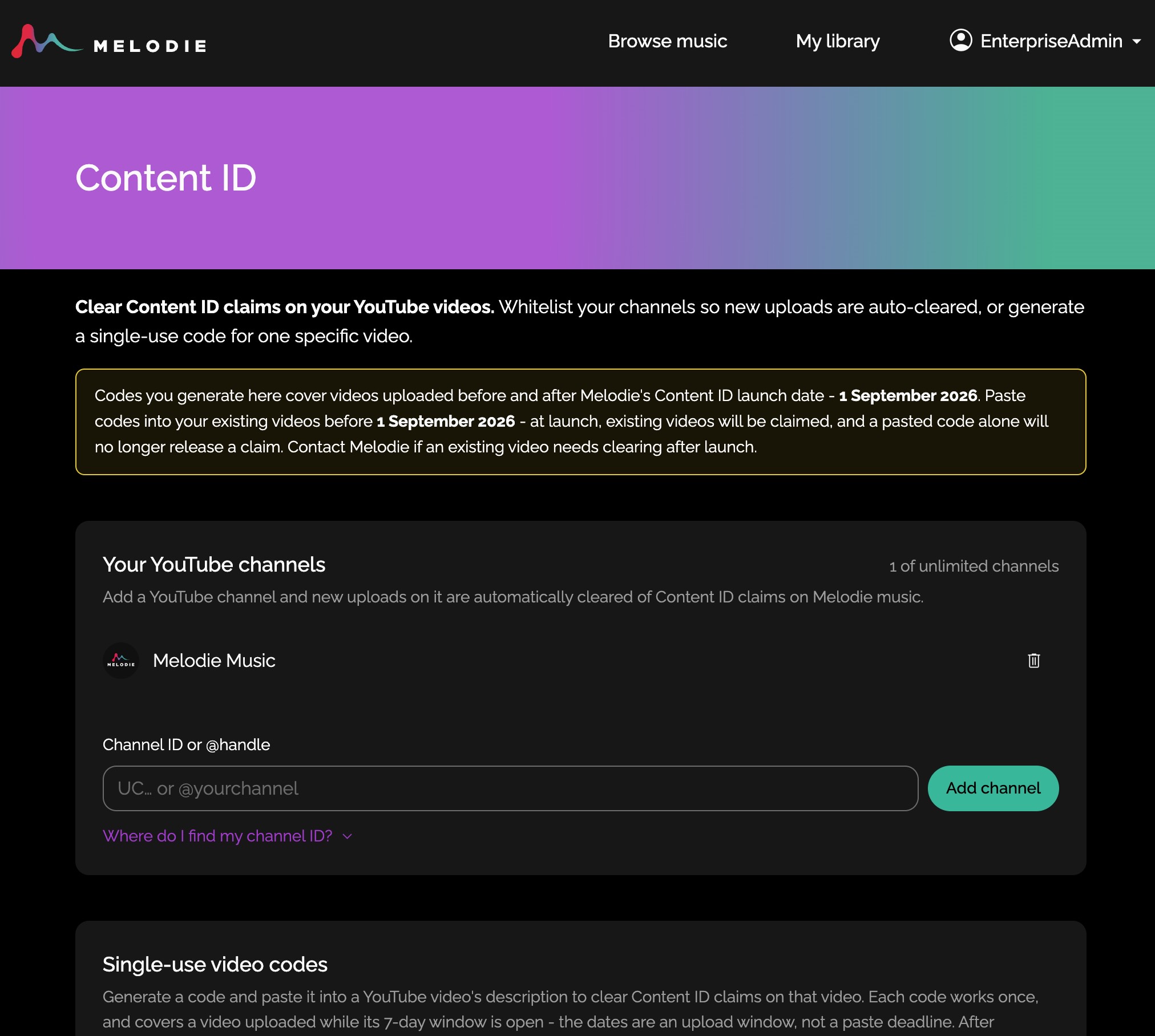 Melodie Content ID page for Enterprise Users Melodie Content ID page for Enterprise Users