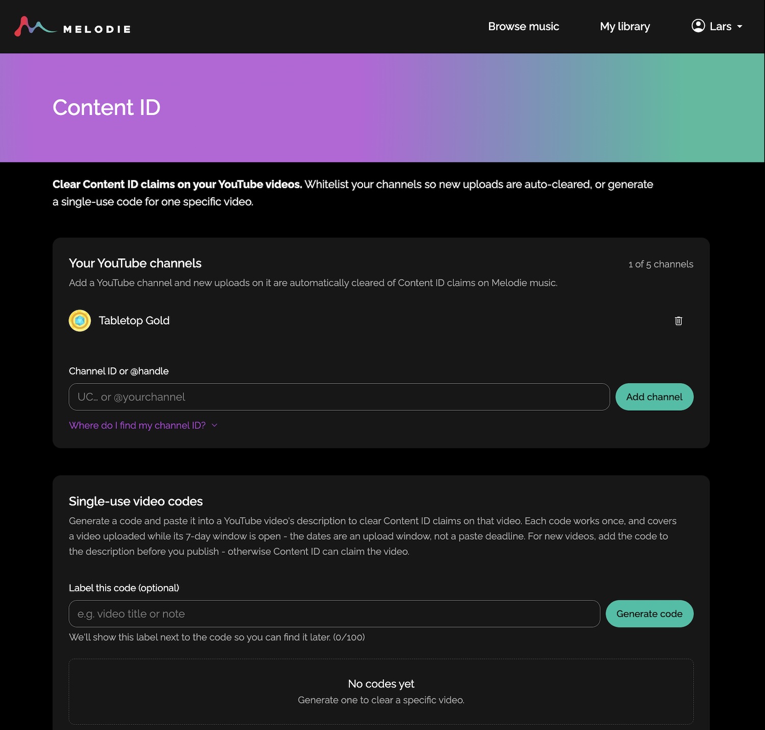 Melodie Content ID - whitelisting channels and single-use codes.