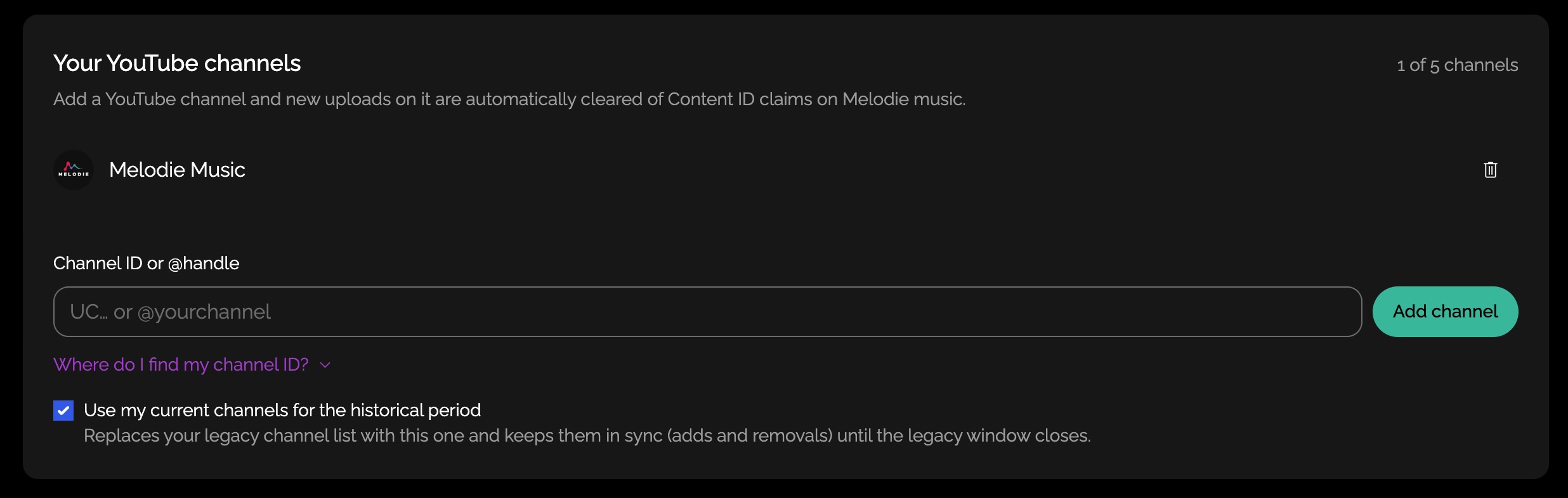 Melodie Creator Plan Allows Whitelisting of 1 YouTube Channel Melodie Creator Plan Allows Whitelisting of 1 YouTube Channel