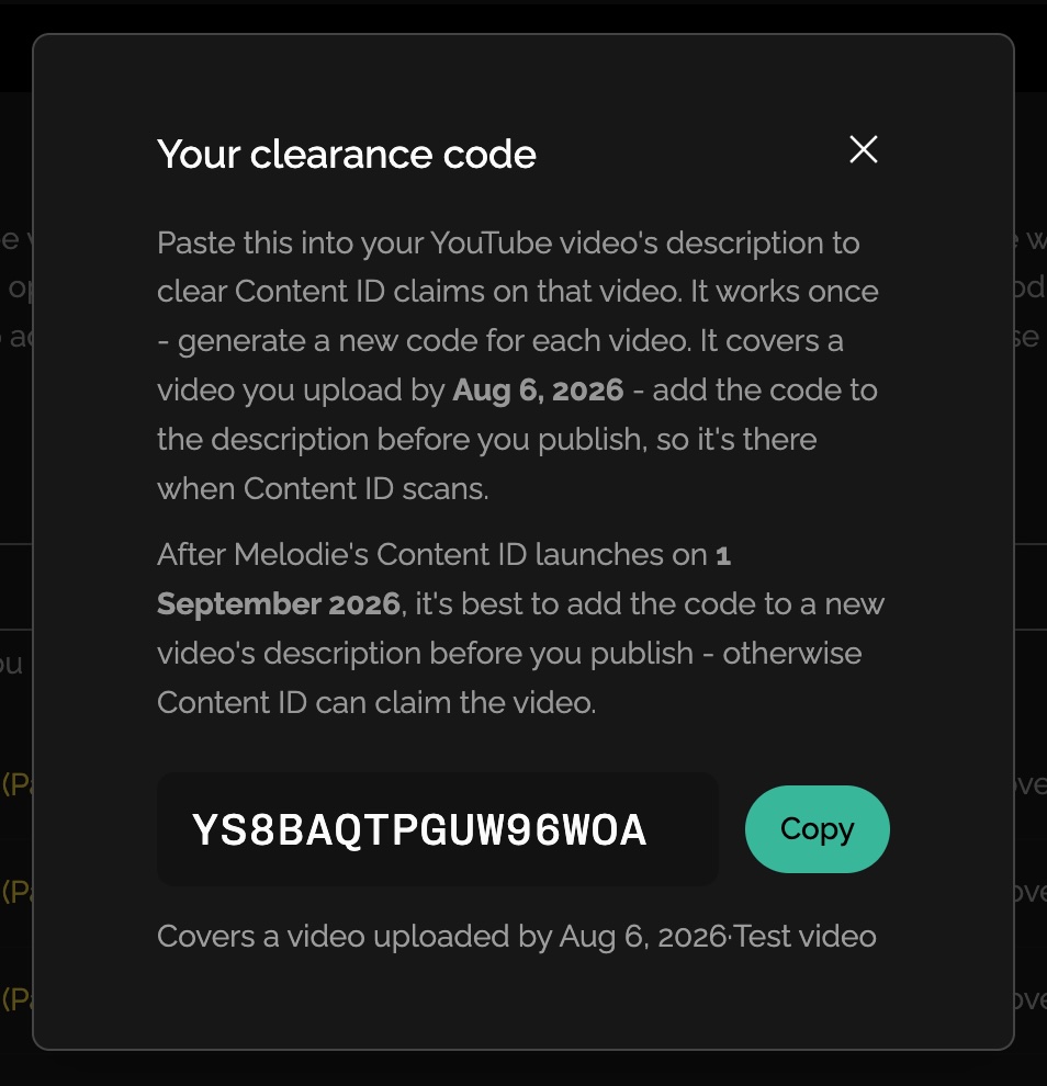 Melodie single-use video clearance code for YouTube Content ID Melodie single-use video clearance code for YouTube Content ID