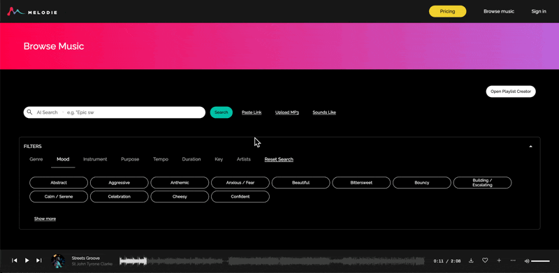 Melodie Editorial filters and contextual metadata